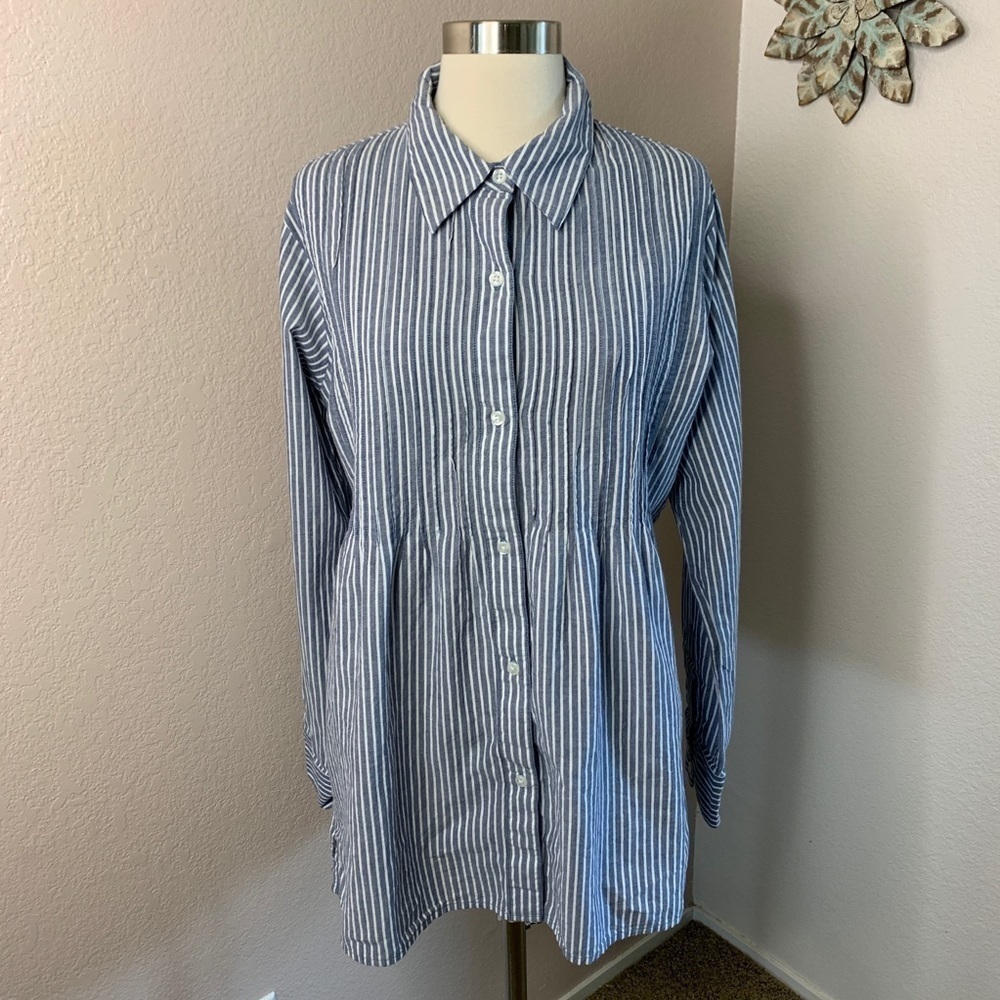 Orvis Button Front Pintuck Tunic Striped Blouse L